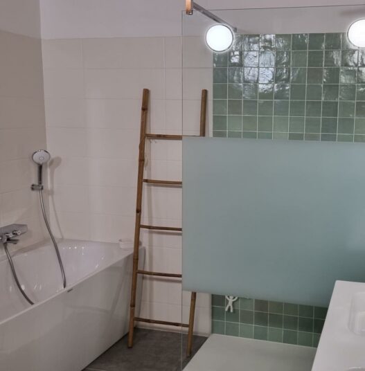 Rénovation d'une salle de bain avec l'installation d'une douche, sa baignoire et son meuble double vasque {{brizy_dc_image_alt imageSrc=
