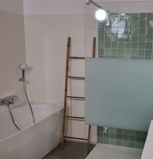 Rénovation d'une salle de bain avec l'installation d'une douche, sa baignoire et son meuble double vasque